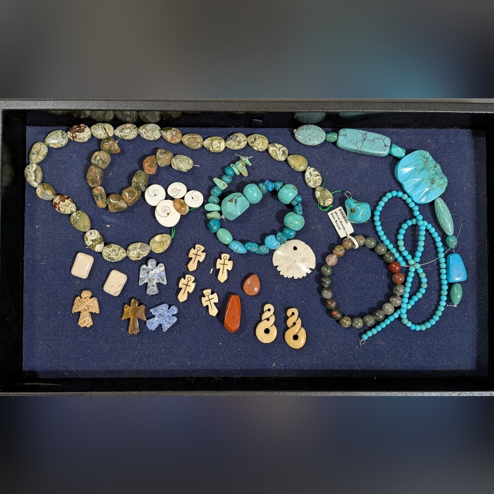 Lot of Genuine Gemstone Beads, Shell Beads, Sand Dollar & Carved Angels Pendants